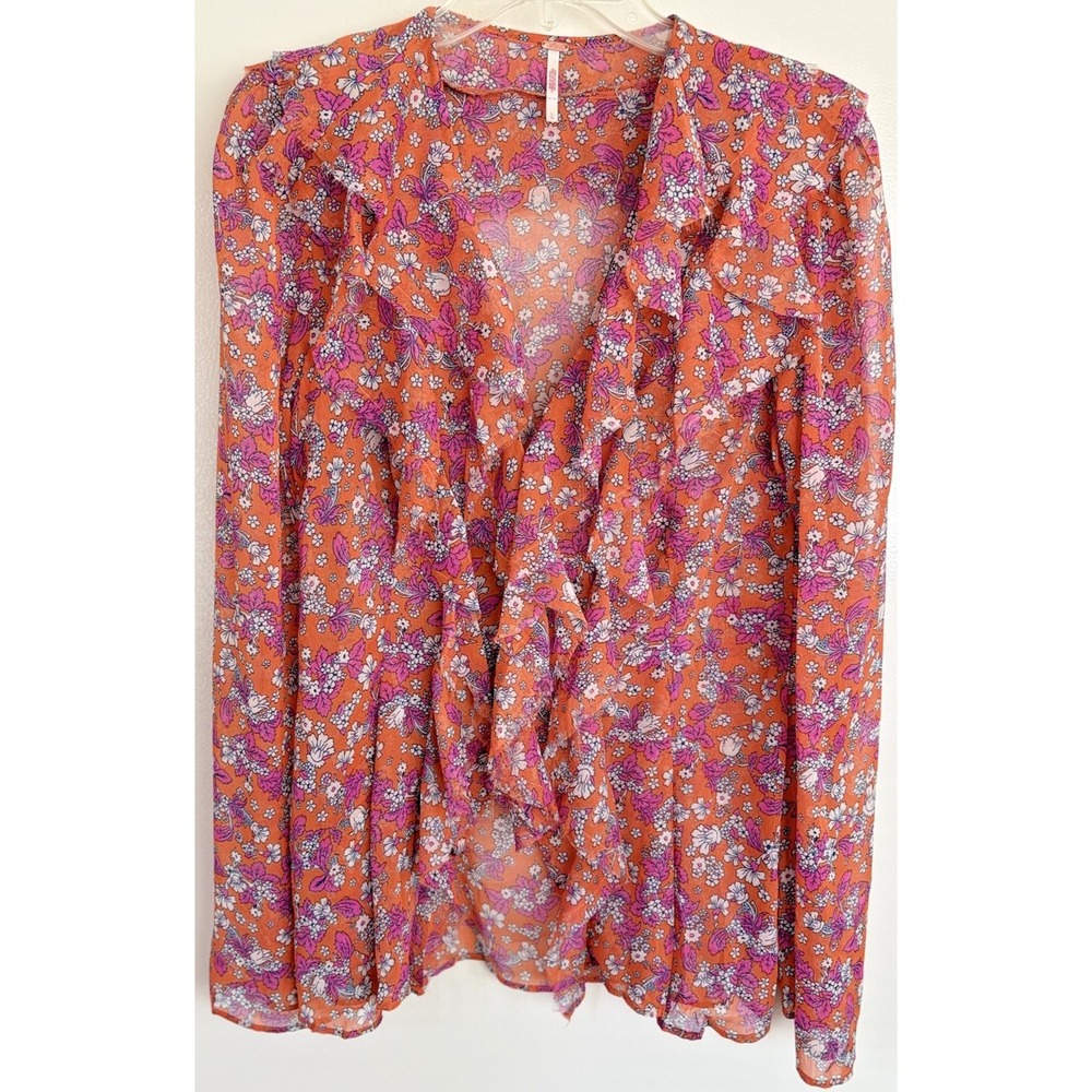 Free People Blouse Womens Large Orange Floral Ruffle Long Sleeve Nina Boho Top